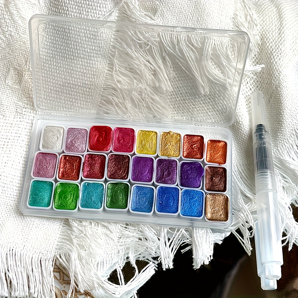 24-Color Mini Pearlescent Watercolor Pigment Set with Brush in Transparent Box for Painting, Nail Art, and Clay Coloring