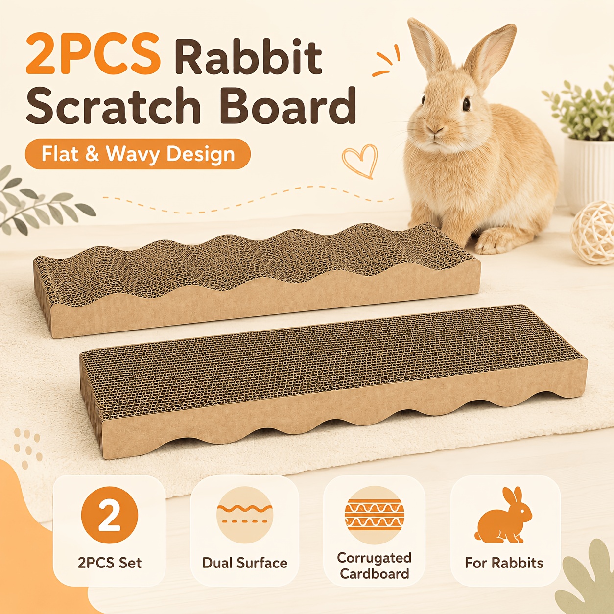 TEMU 2pcs Rabbit Scratch Board Set Suitable For Rabbits, Flat & Wavy Corrugated Cardboard Scratching Pads With Bunny Pawing, Indoor Cage For Bunny