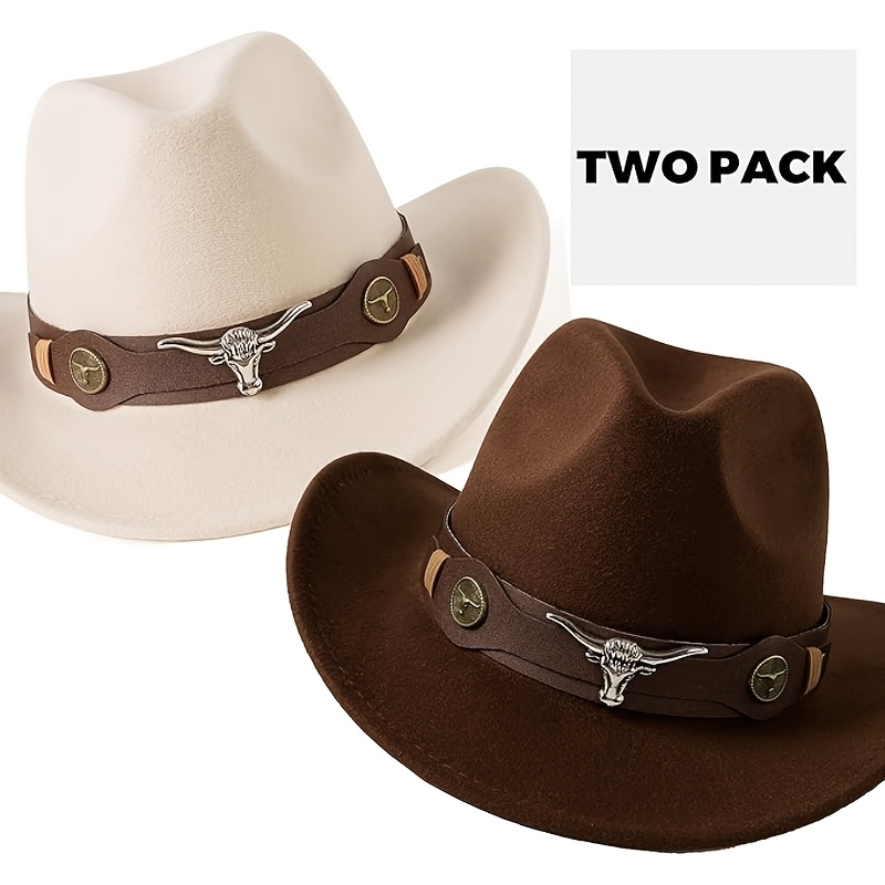 E-shop 2 Stück Modische Leichte Western-Cowboyhüte – Klassischer Breitkrempen-Filzhut mit Stierkopf-Muster, Beige , für Männer Frauen bei