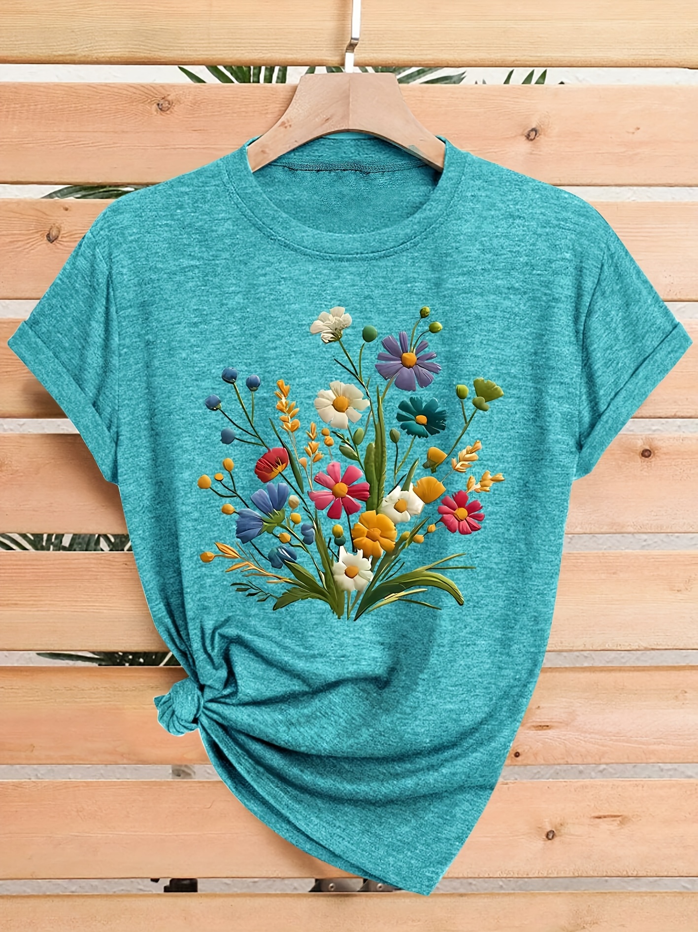 womens floral print t shirt casual crew neck short sleeve top medium stretch fabric vintage style with colorful   sizes s xxl Product details 4