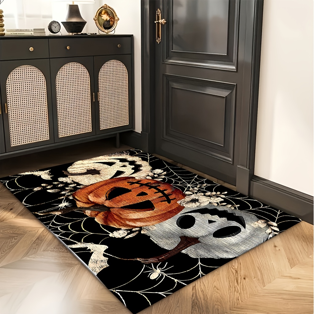 TEMU Suitable For Halloween Carpet - Soft Lightweight Adhesive Backing Suitable For Floors, Jumbo Rectangular With Pumpkin Print, Hand Washable