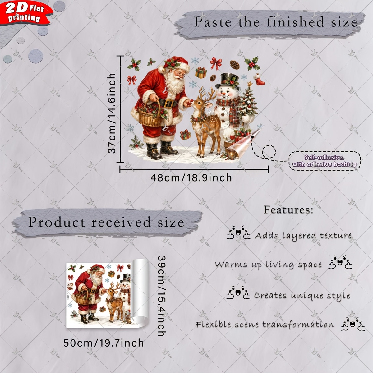 TEMU 2d Flat - 2d Flat - 1pc 2d Flat Printing Christmas Santa Claus Snowman Deer Gift Box Snowflake 40*50cm Window Sticker Creative Self Adhesive