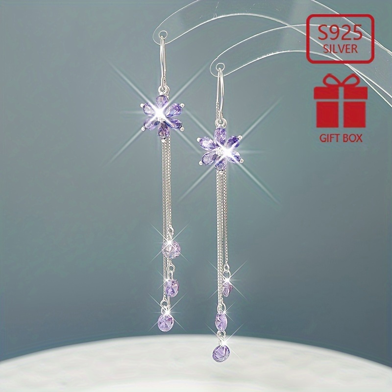 

Elegant Tassel Drop Earrings, 925 Sterling Silver, Purple Flower Design, Versatile Fashion, Exquisite Jewelry Gift For Women