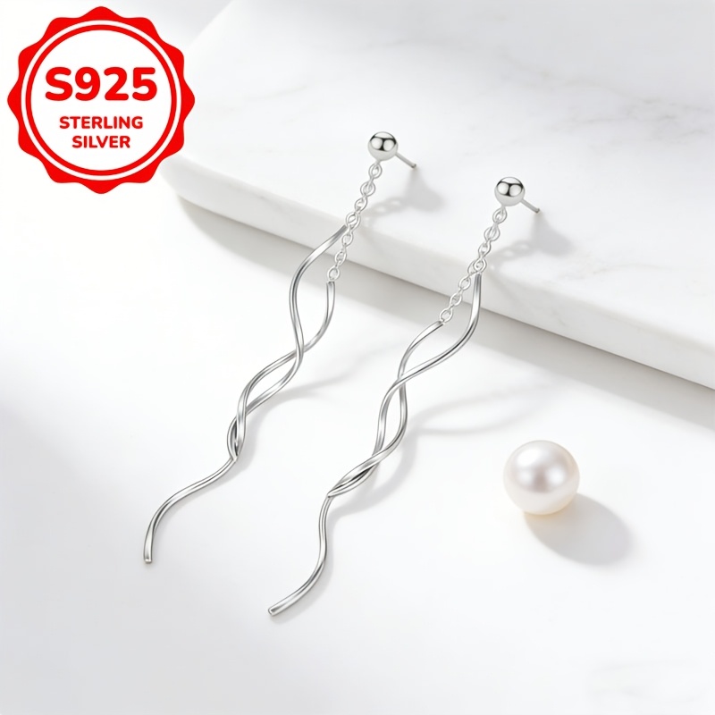 Women's S925 Silver Minimalist Double Wave Tassel Earrings