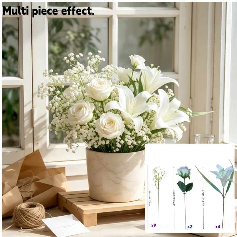 TEMU 15pcs White Rose And And White 's Breath Combination Set. Suitable For Indoor/outdoor Decoration, Courtyard, Porch, Garden, Wedding Decoration,