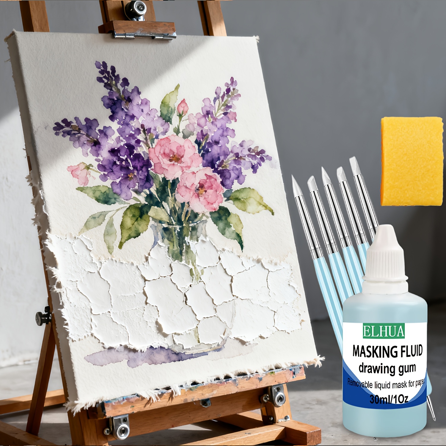Image of Elhua Masking Fluid Kit For Watercolor Painting, Liquid Masking Fluid With Pens Cleaning Brush For Painting Fast Drying Use To Art Watercolor Supplies Covering