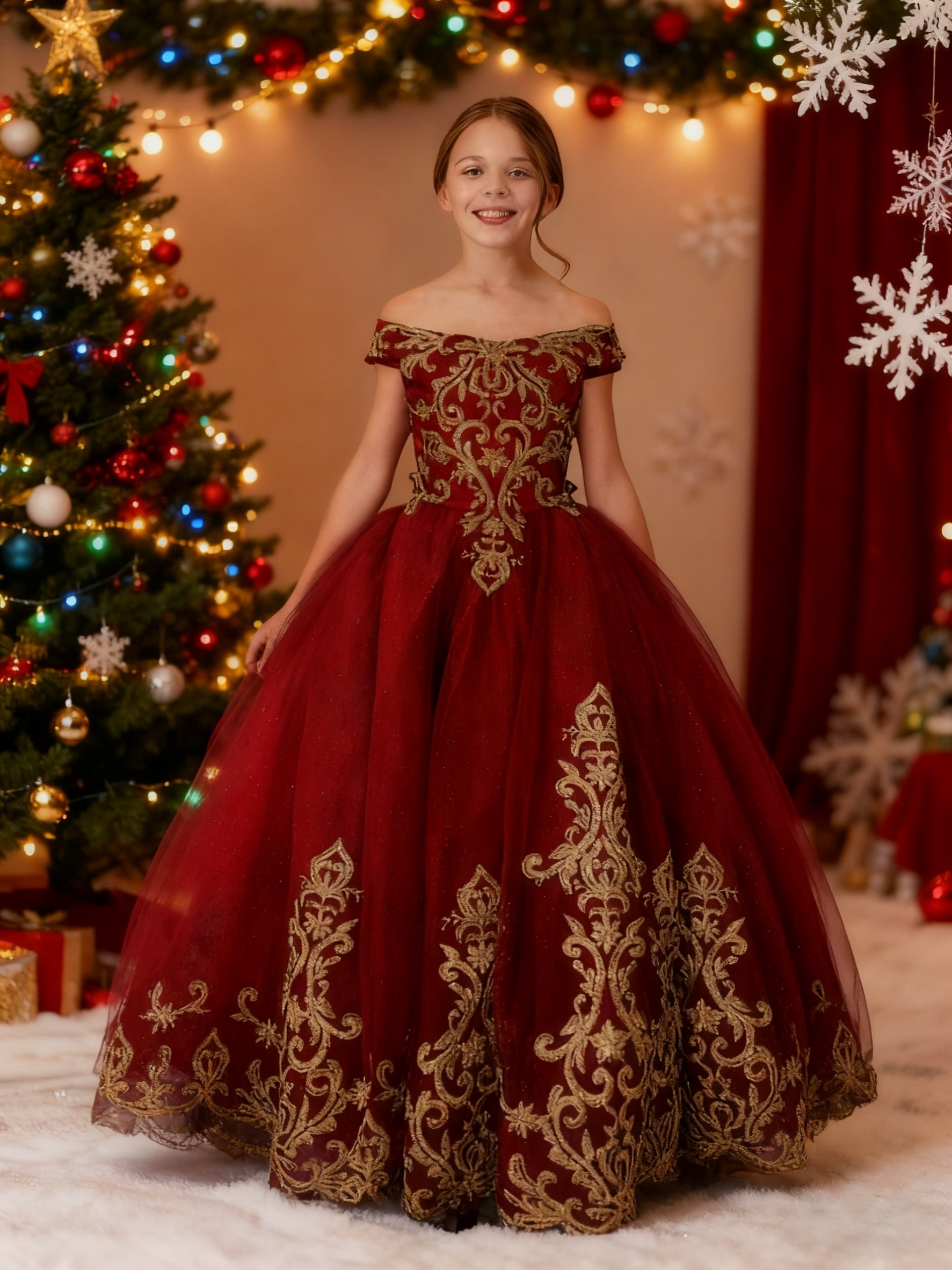 red puffy christmas dress [$125.00]Red Christmas Outfit Basque Waist Satin Bows Strapless Puffy Dress  + Cropped Top Full Set
