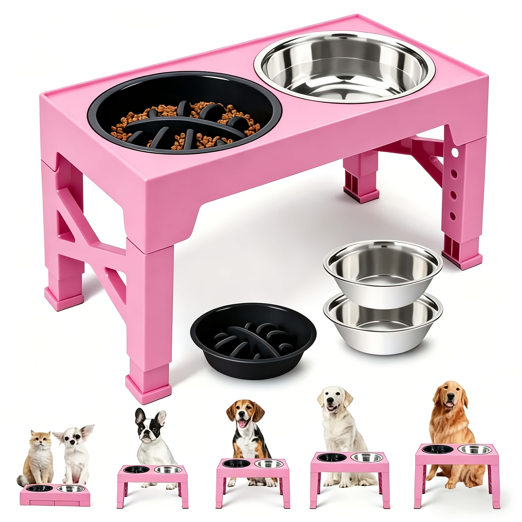 TEMU Banbers Adjustable 5-height Height-adjustable Dog Bowl, Foldable Height-adjustable Dog Bowl Stand, With Bowl And Stainless Food Bowl, Suitable