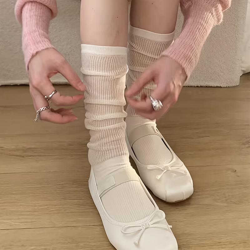 TEMU 1 Paire - Chaussettes JK Côtelées Printanières/Estivales pour Femmes, au-dessus du Genou, Chaussettes Polyvalentes Montant au Mollet, Style