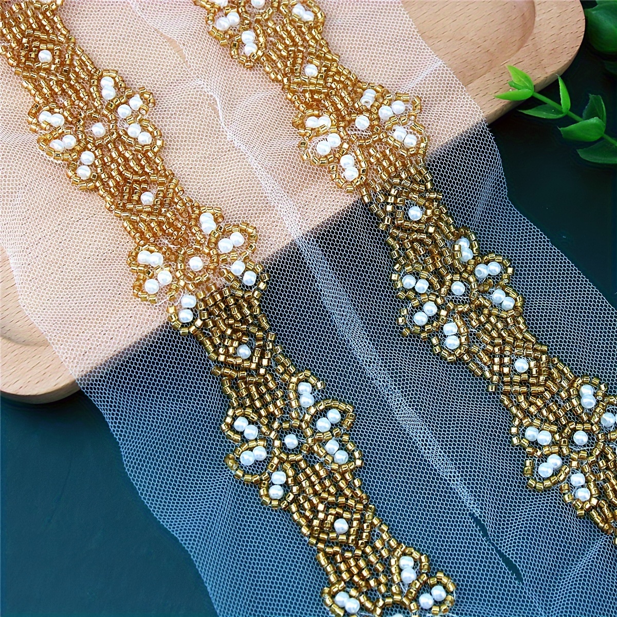 slim fit dress slacks GOLD SWIRL BEADED NET TRIM
