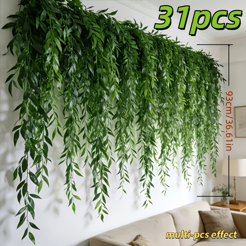 TEMU 31pcs Spring Summer New Emerald Artificial Hanging Fake , Evergreen Willow Rattan Vines, Maintenance-free Decorative Drapes, Durable Plastic,