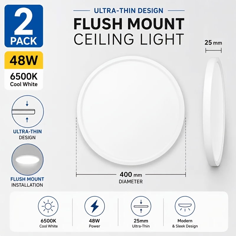 TEMU 2-pack Of 48w Led Ultra-thin Ceiling Lights, 400mm Round Recessed Ceiling Lights, 6500k Cool White Light, Suitable For Home Use In Living Rooms,