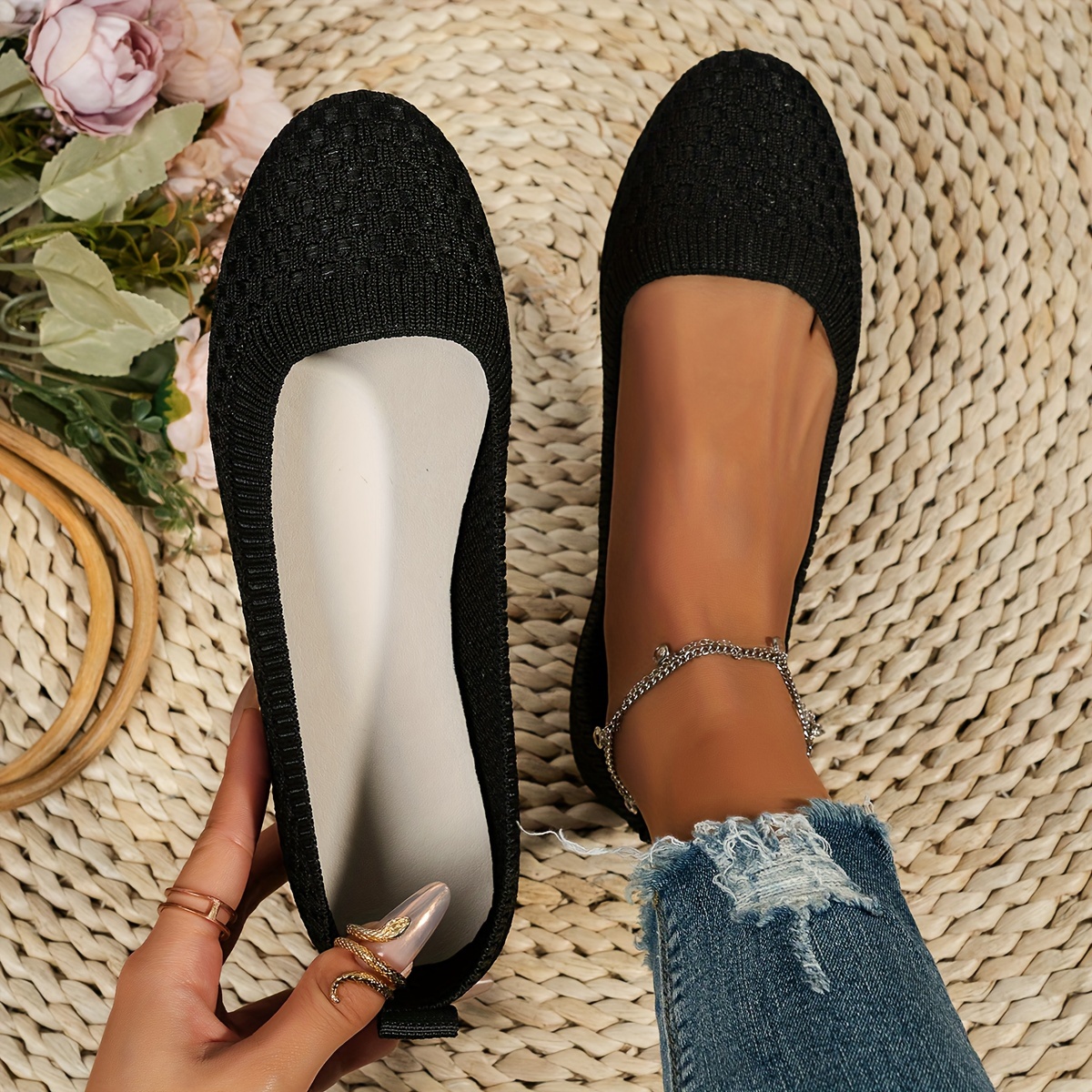 

Women's Knitted Flat Shoes, Solid Color Low Top Slip On Shoes, Comfy Breathable Soft Sole Flats For Casual Wear