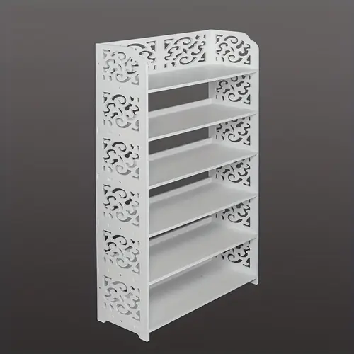 elegant 6 tier white wood plastic board shoe rack with intricate carvings sturdy aesthetic organizer for entryway bedroom hallway installation accessories holds shoe types shoes organizer storage