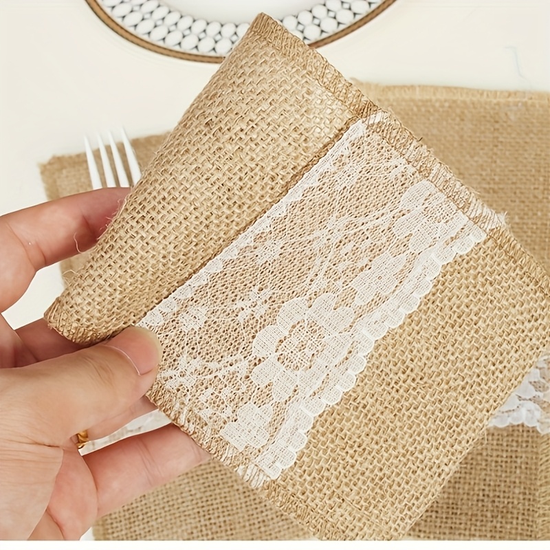 Image of 50pcs Natural Burlap Lace Utensil Cutlery Holders Pouch Bags Knifes Forksnapkin Silverware Holder Bag For Rustic Wedding Party Bridal Shower Decorations, Best For Christmas