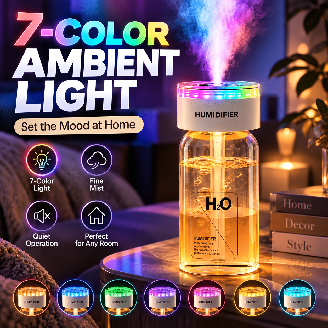 Image of Diffuser With Colorful Lights For Humidifying Bedroom Rooms, Humidifiers For Bedroom, Ambient Lighting, , Durable Construction, Air Humidifier, , Longlasting Build, - Diffuser, Home Users