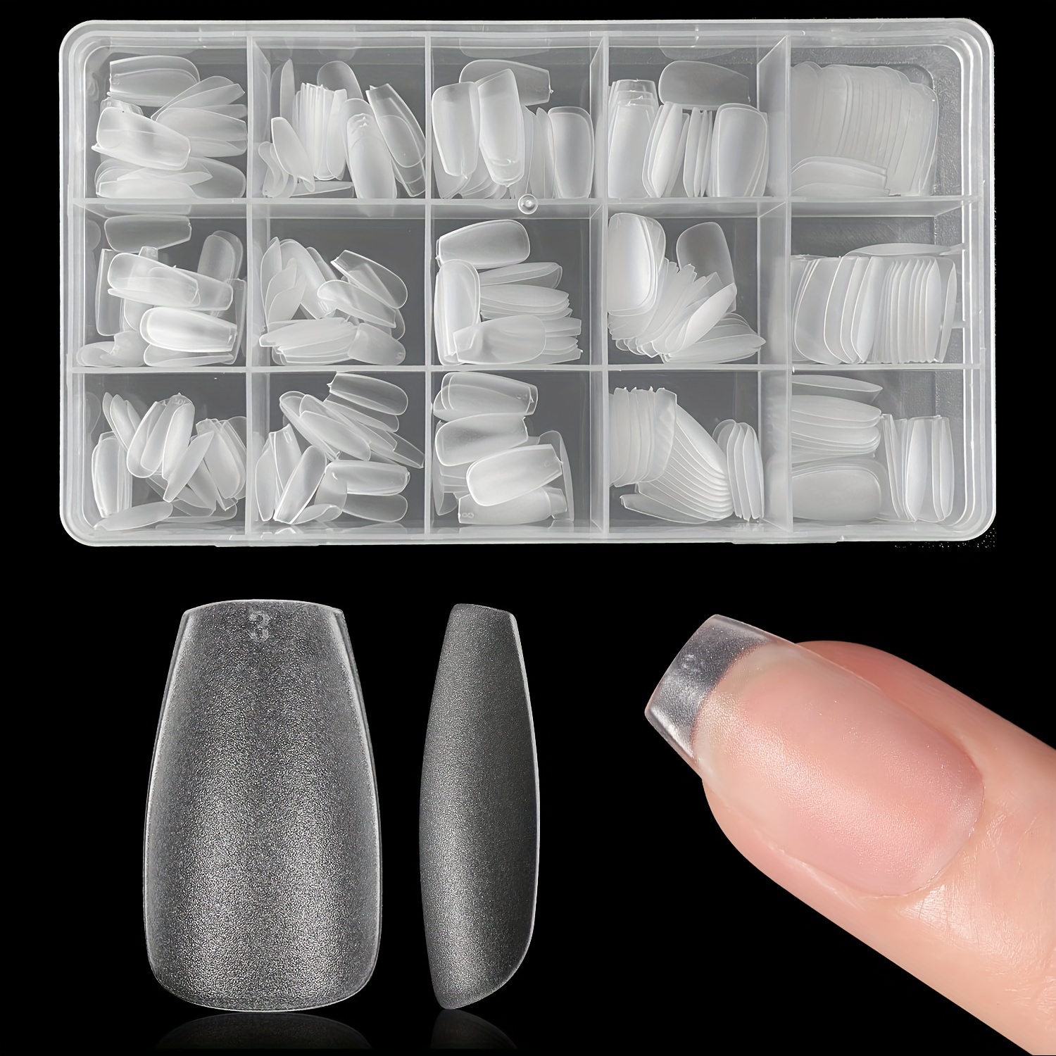 

330pcs Matte Short Coffin Gel Nail Tips Set, 15 Sizes, Almond Shaped, , Transparent, Diy Press-on Acrylic Nails For Women, Home Nail Art Extension