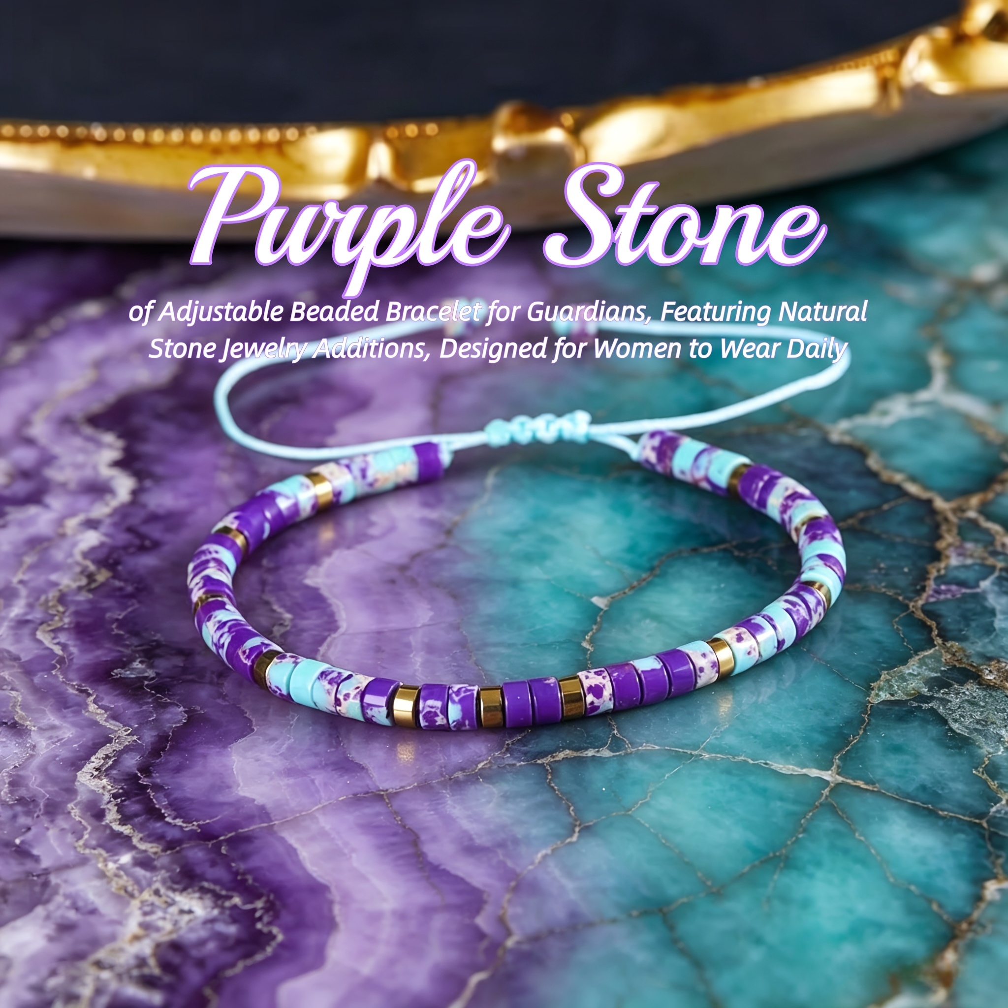 Image of 1pc Boho Purple Turquoise Heishi Beaded Adjustable Bracelet For Women, Natural Stone Stackable Wrap Bracelet, Dainty Bohemian Daily Jewelry Gift For Her
