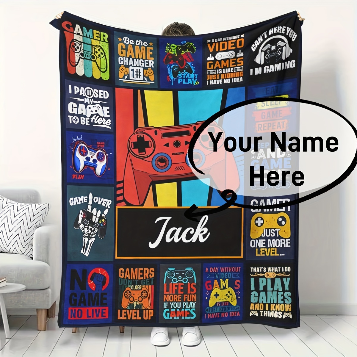 

Custom Gamer Fleece Throw Blanket - Personalized Name, Vibrant Video Game Phrases & , Soft & Lightweight Flannel, , Wearable - Ideal Gift For Family & Friends