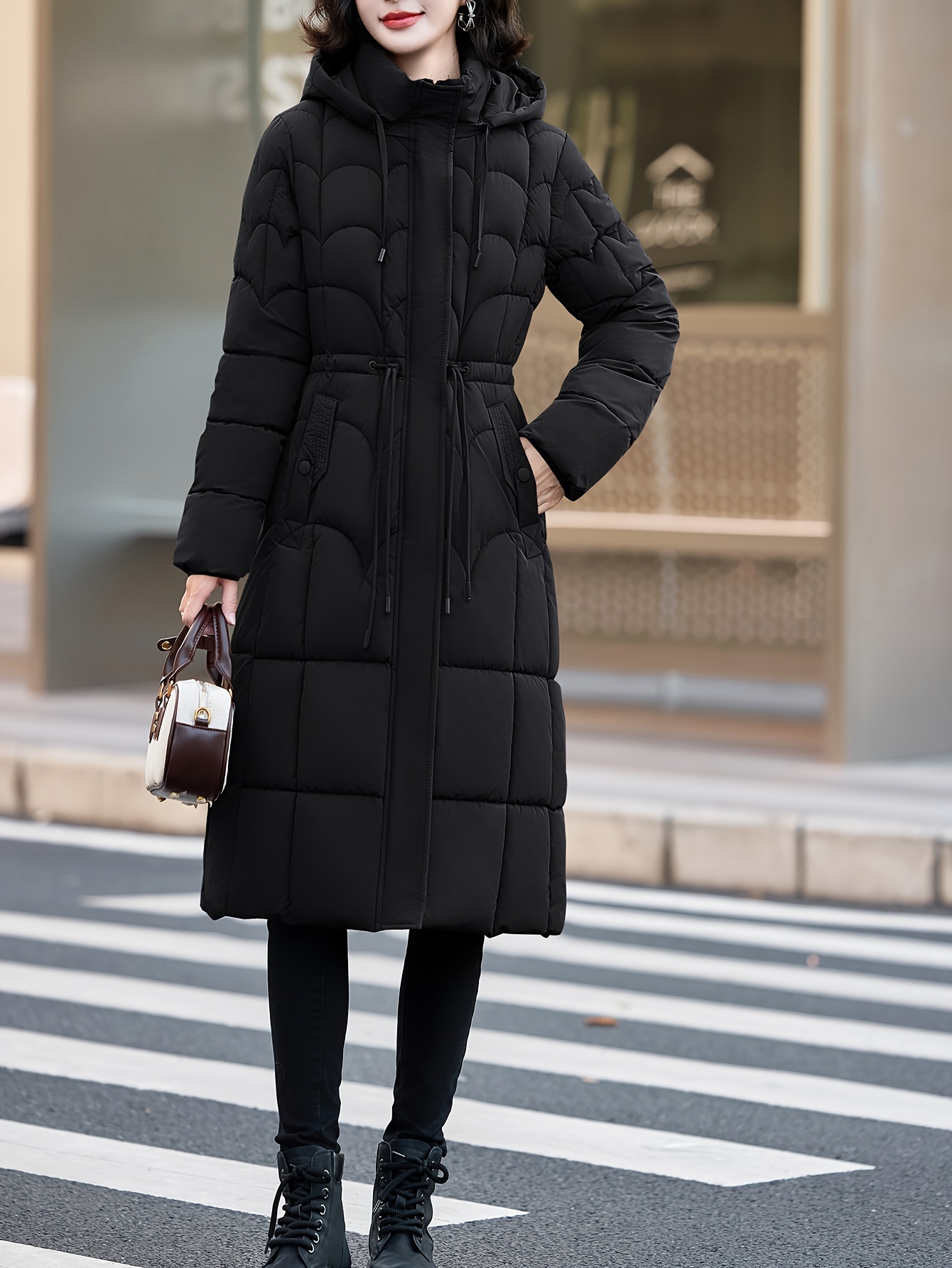 elegant long length polyester padded coat hood solid color Temu