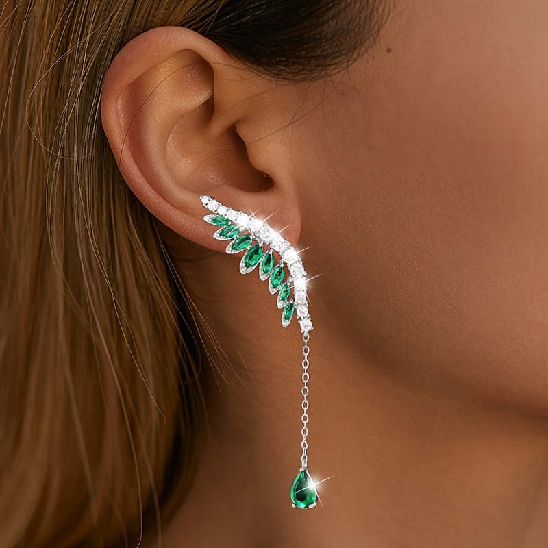 

Stylish Dangle Earrings Silver Plated Sparkling Wing Design Paved Shining Zirconia White Or Green Pick A Color U Prefer