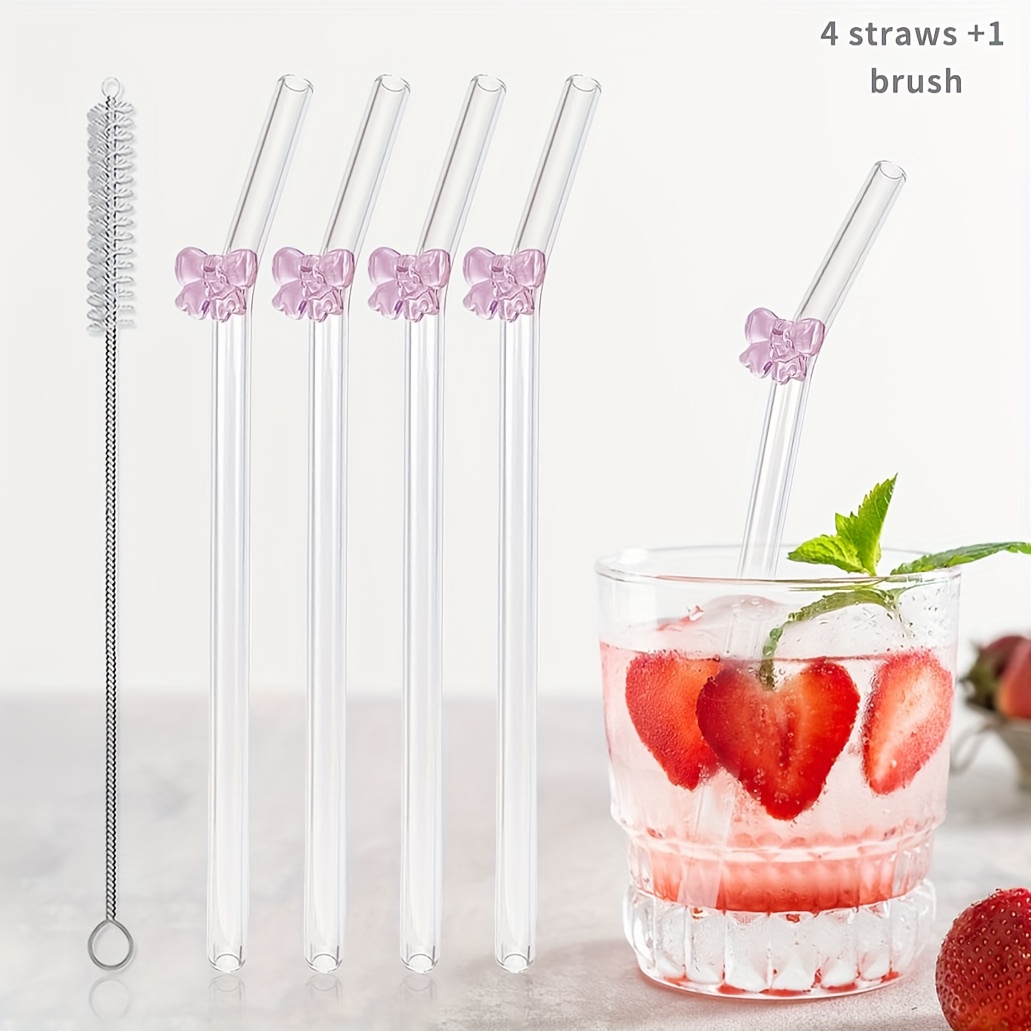 TEMU 1 Set (8-5pcs) Reusable Clear Glass Bow Cute Charm Straw Set | Dishwasher Safety Belt Cleaning Brush | Essential Accessories For Catering,