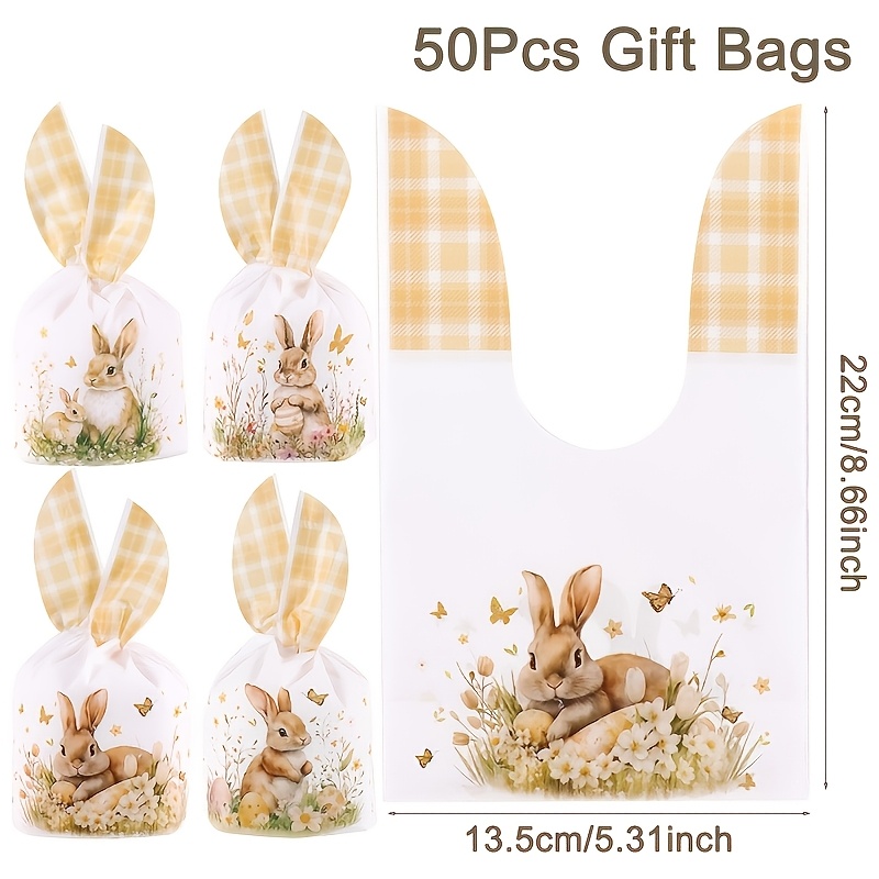 50pcs Easter Gift Bags, 4 Style Easter Bunny Butterflies Design Plastic Treat Bags, Yellow Rabbit Ear Shape Party Favor Bags, Easter Party Favor Supplies, Easter Gift Wrapping Decorations