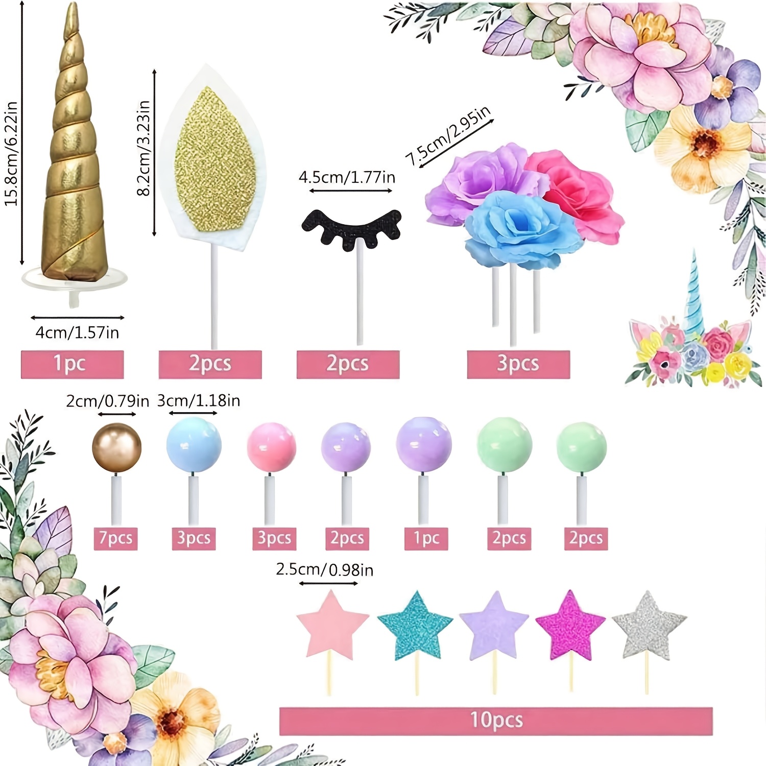 TEMU A Set Of Unicorn Cake Decorations, Unicorn Flower Cake Decorations, Star-shaped Colored Foam Ball Cake Decorations, Birthday Party Cake