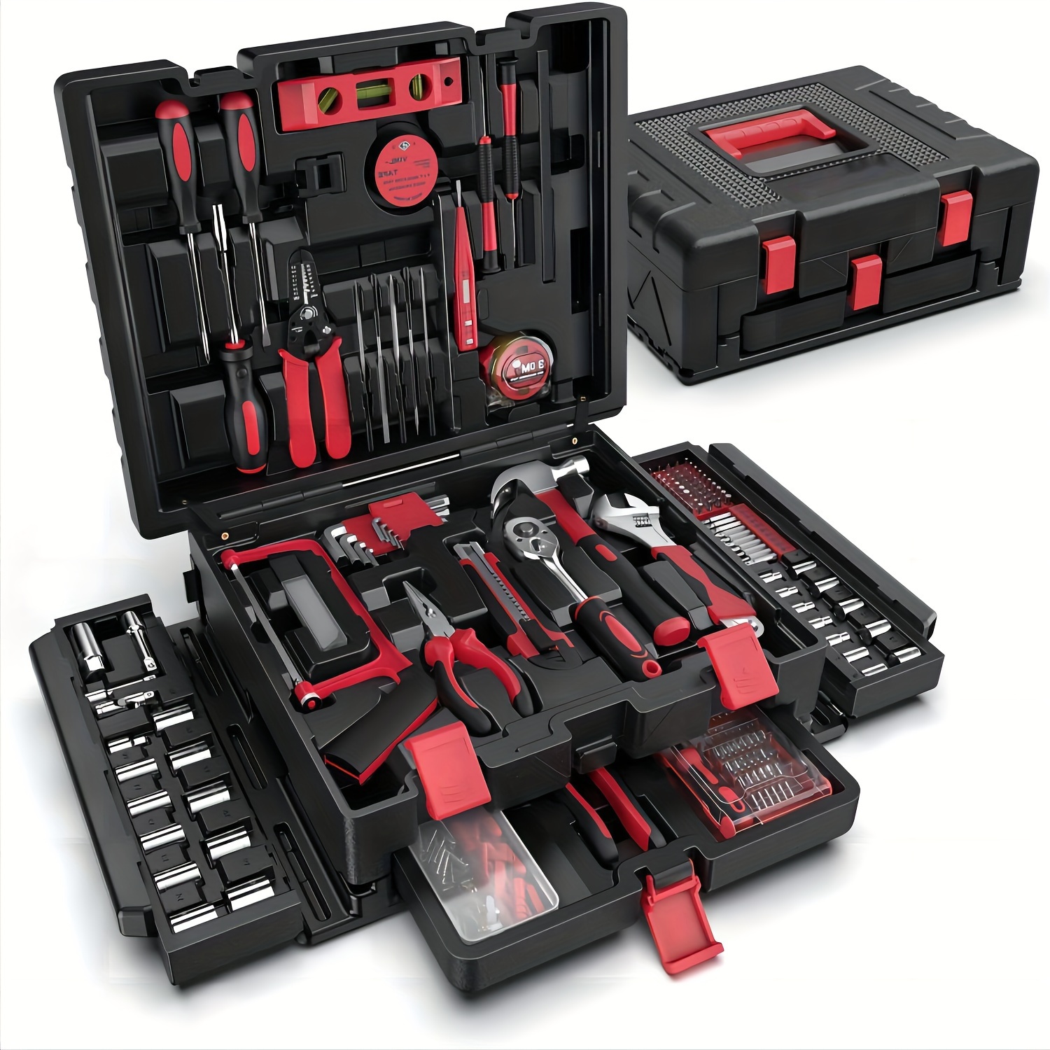 

Kit d'Outils Rouge de 378 Pièces avec Tiroir - Ensemble Complet de Réparation Portable pour & l'Auto, Outils de Bricolage dans une Boîte de Rangement - Cadeau DIY pour