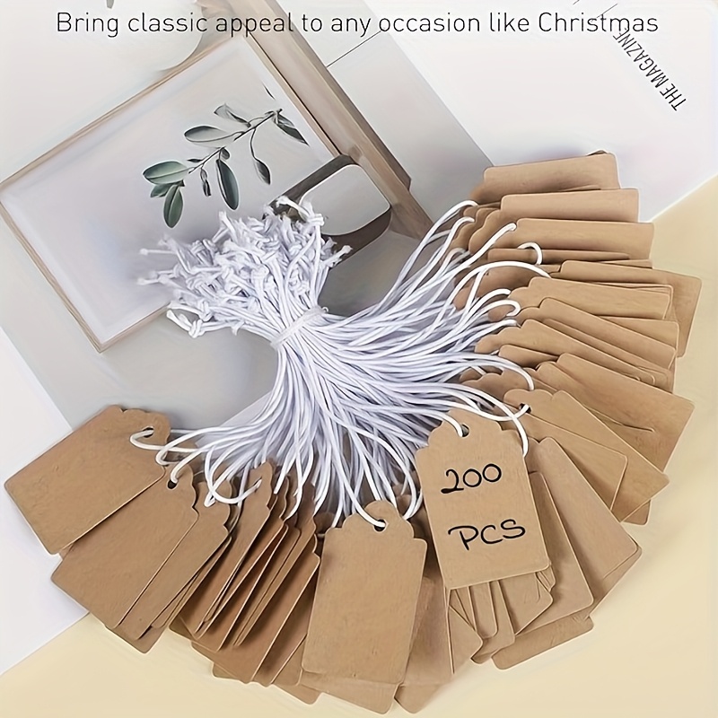 Image of 200pcs Price Tags With Elastic String Attached Brown Paper Tag Hang Tags For Pricing Clothing Jewelry Price Display Labels Blank Merchandise Marking Tag, 1.75" X 1.1"