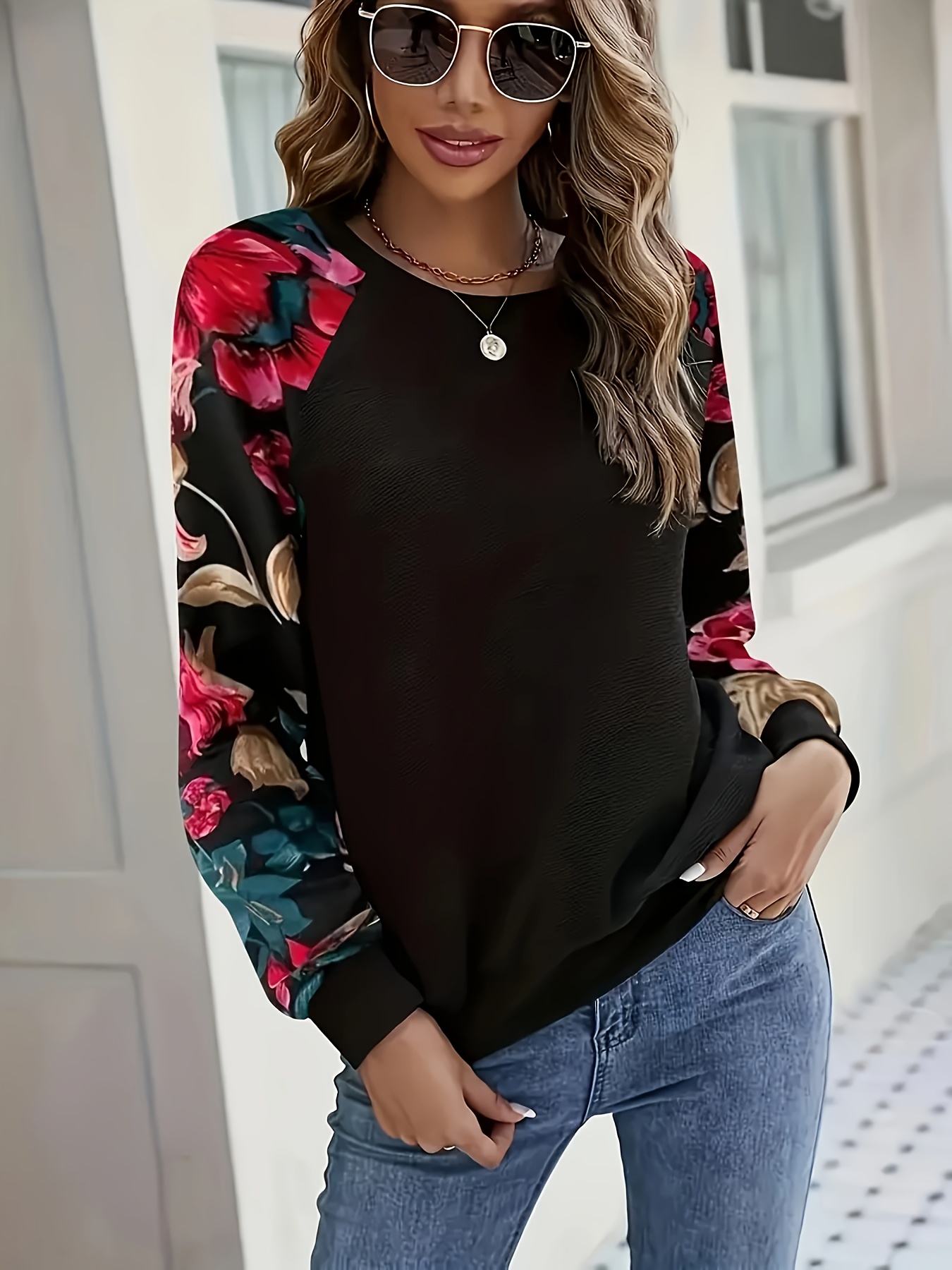 women's spring casual fashion floral print sweatshirt black Temu