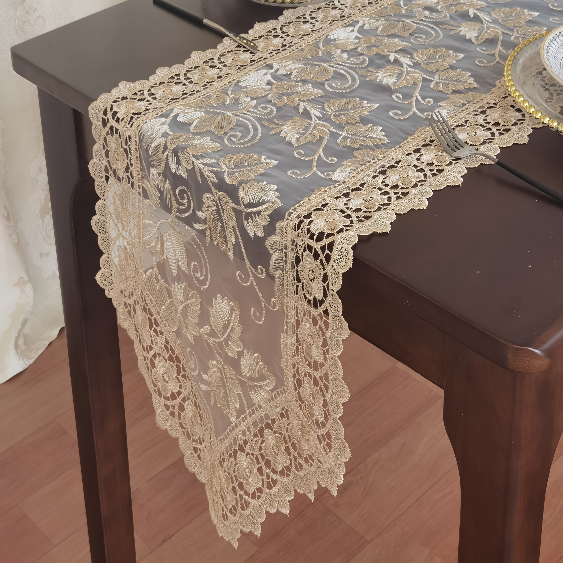 1pc brown embroidered table runner polyester rectangular table runner exquisite lace embroidered trim vintage european style suitable for vintage style shoe cabinet sideboard chest of drawers cover restaurant dining table long runner
