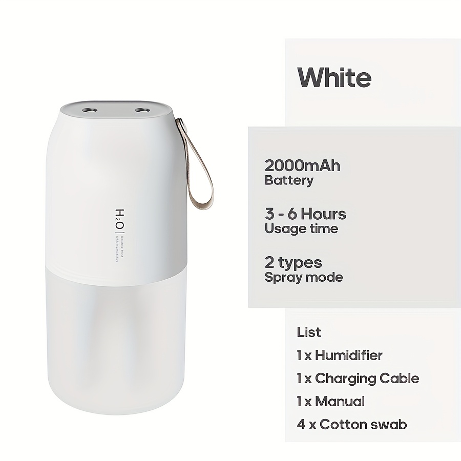 TEMU KINSCOTER 2000mAh 휴대용 가습기 내장형 야간등 포함, 가정 및 차량용 300ml 듀얼 스프레이, USB 충전식, 자동 종료 기능 및 수위 보호, 18650 배터리, 세련된 화이트 디자인
