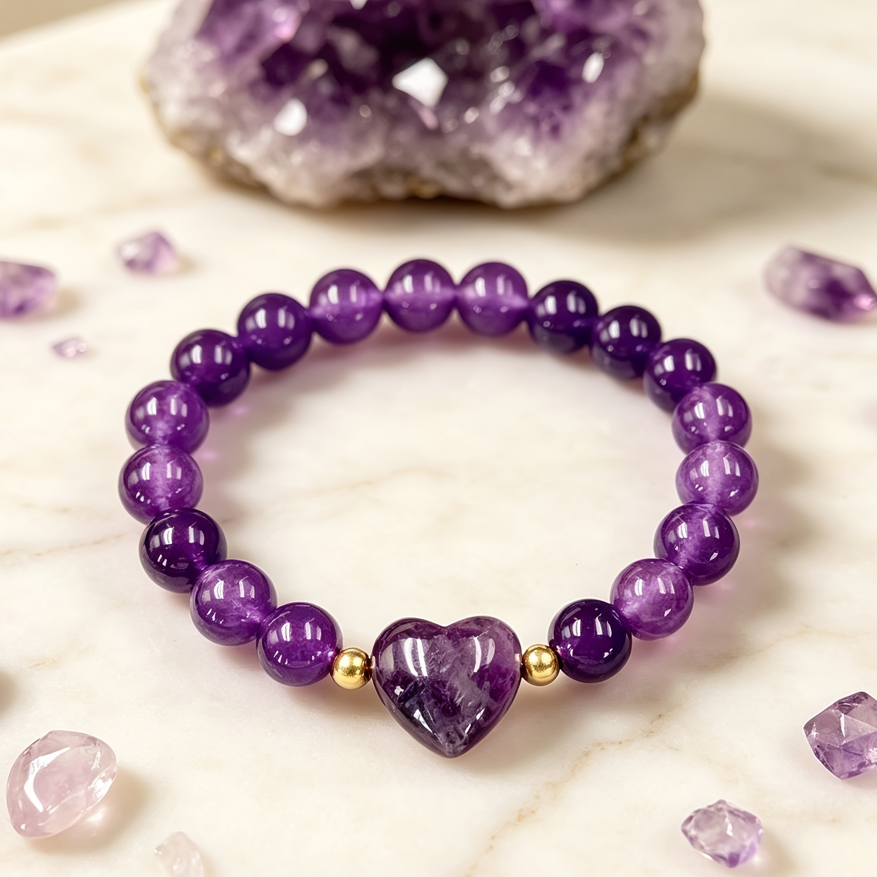 TEMU 1pc Natural Stone Amethyst Heart-shaped Stretch Beaded Bracelet For Women, Round Amethyst Bead Bracelet, Easy Handmade Quartz Jewelry, Casual
