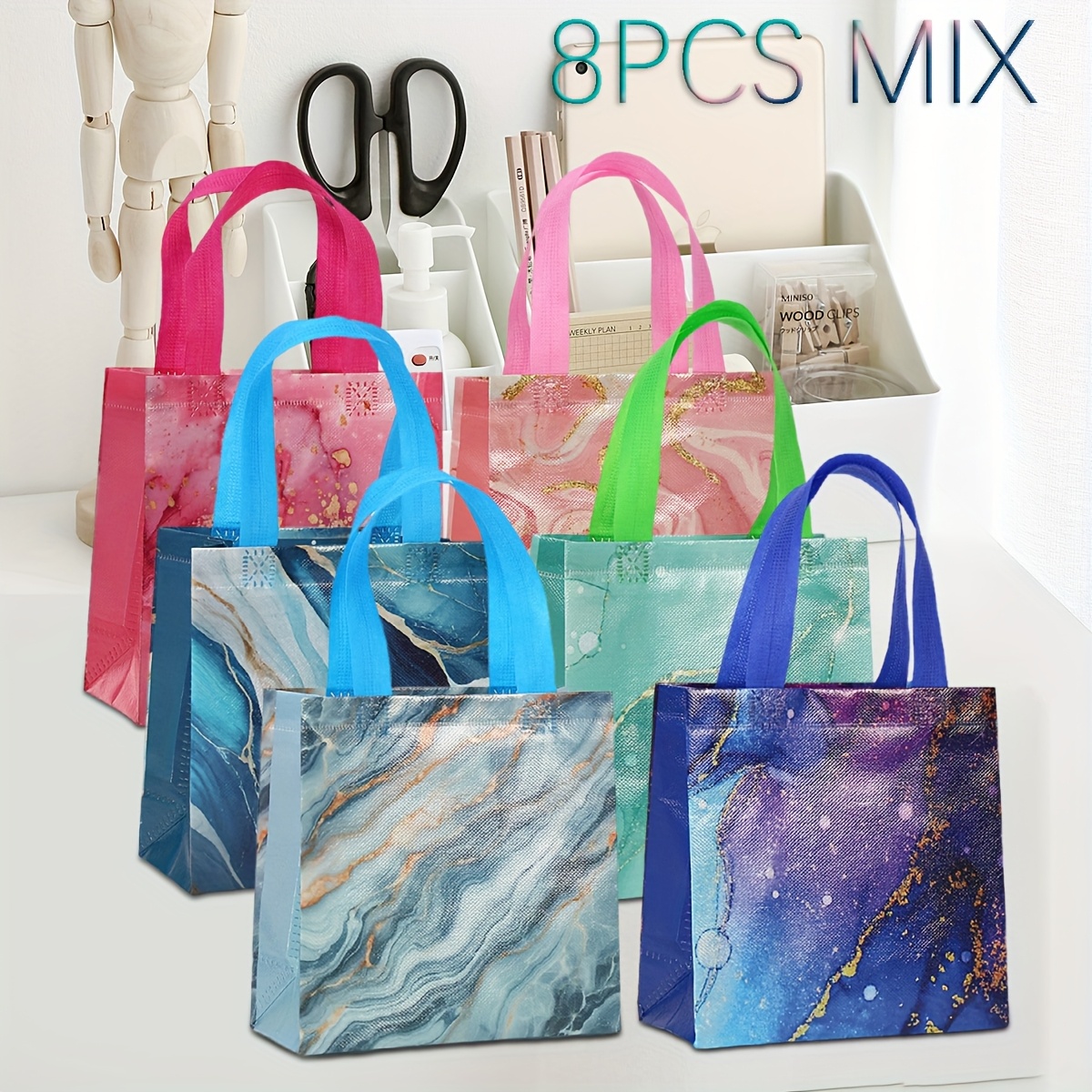8pcs 20x20x9cm Non-woven Fabric Gift Bags With Marble Pattern - Durable Tote Bags With Handles, Vibrant Colors For Birthdays, Parties, Everyday Use & Gift Packaging