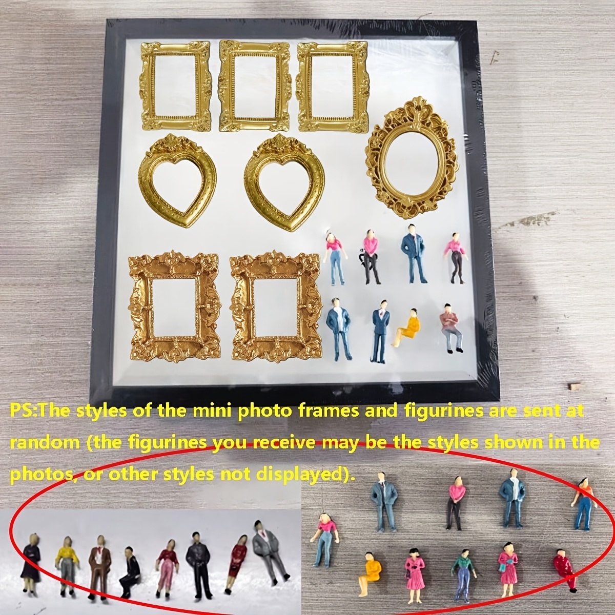 E-shop 1 x 6-Zoll-Außengestell 8 Mini-Fotorahmen (zufällige Stile), 8 kleine Figuren (zufällige Stile). DIY Mini-Museum-Silhouettenbox, ein
