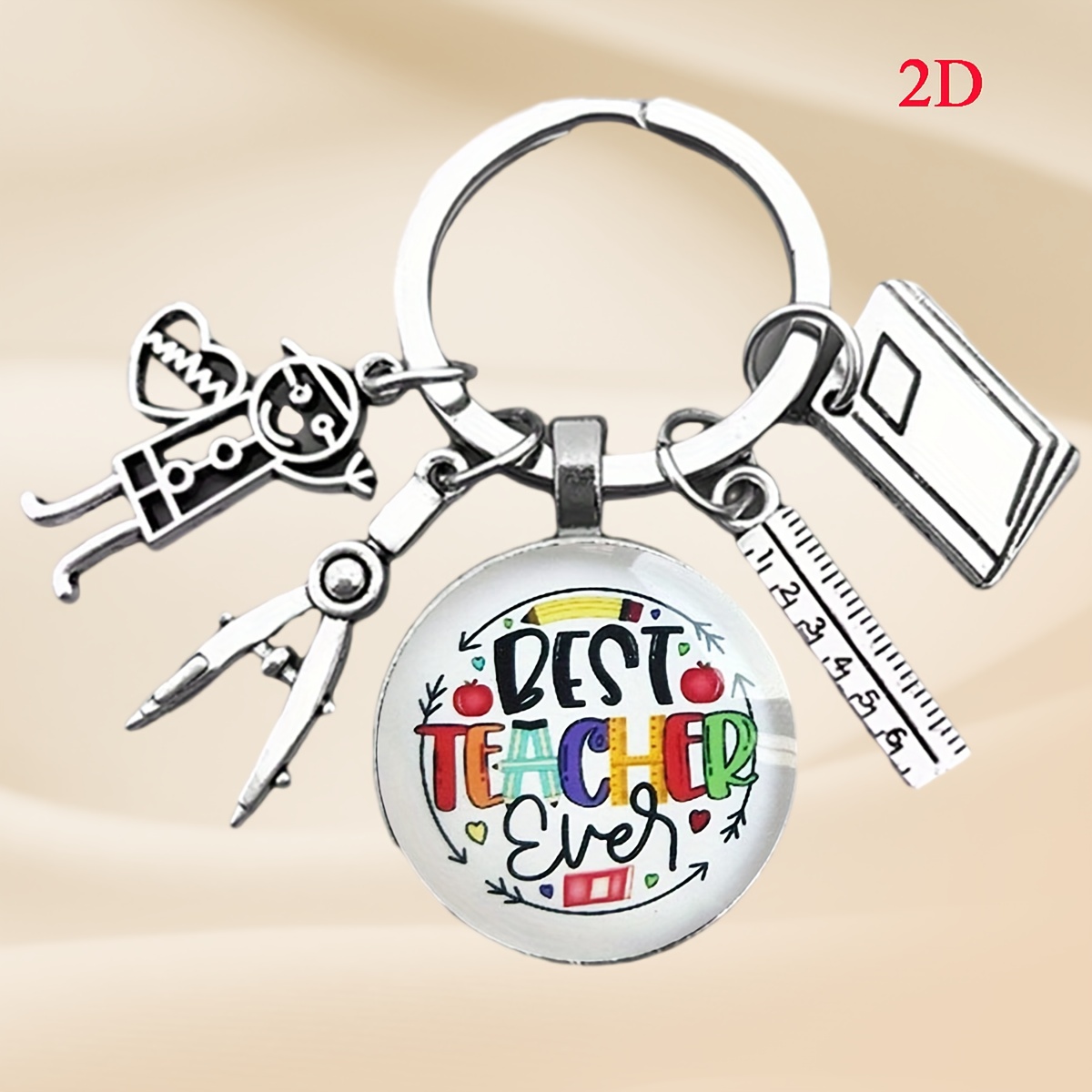 1pc "the Best Teacher Ever" Time Gem Keychain, With A Colorful Design And A Ruler, Book And Other Pendant, Is Suitable As A Gift For Teachers, Graduates Or Educators