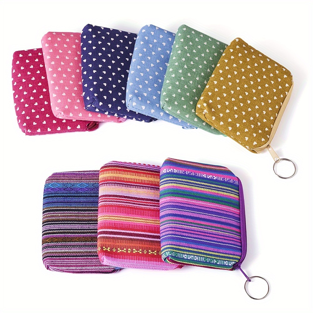 

12 Pcs Fabric Coin Purses With Heart/stripe Patterns, Assorted Colors, Clutch Handbag, Zipper Pouch 120~122x88~92x12~13mm