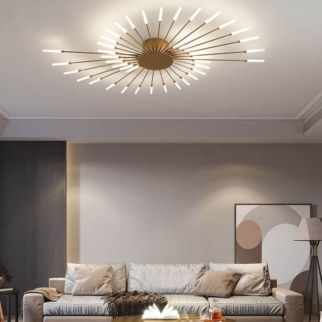 Modern Minimalist Warm White LED Ceiling Light with 42 Golden Firework Design - Sleek Metal Acrylic Fixture for Living Room, Dining Room, Bedroom - No Remote or Switch Included, Living Room Decor | Minimalist Light Fixture | Acrylic Diffuser