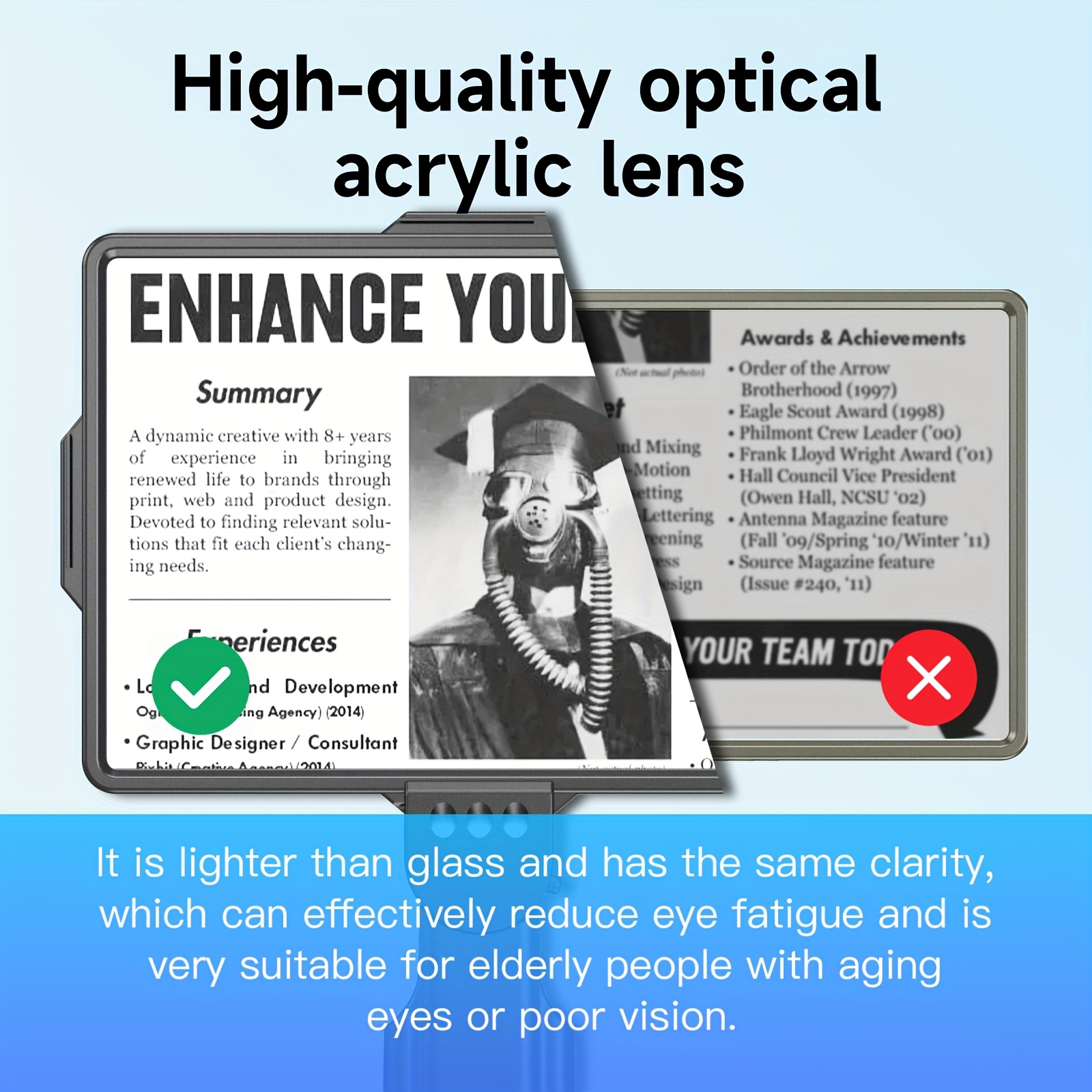 3 in 1 led reading lamp with hd magnifier and flexible gooseneck horizontal vertical viewing mode hands free tabletop neck hanging or handheld use   2 aaa batteries plastic material push button control Product details 2