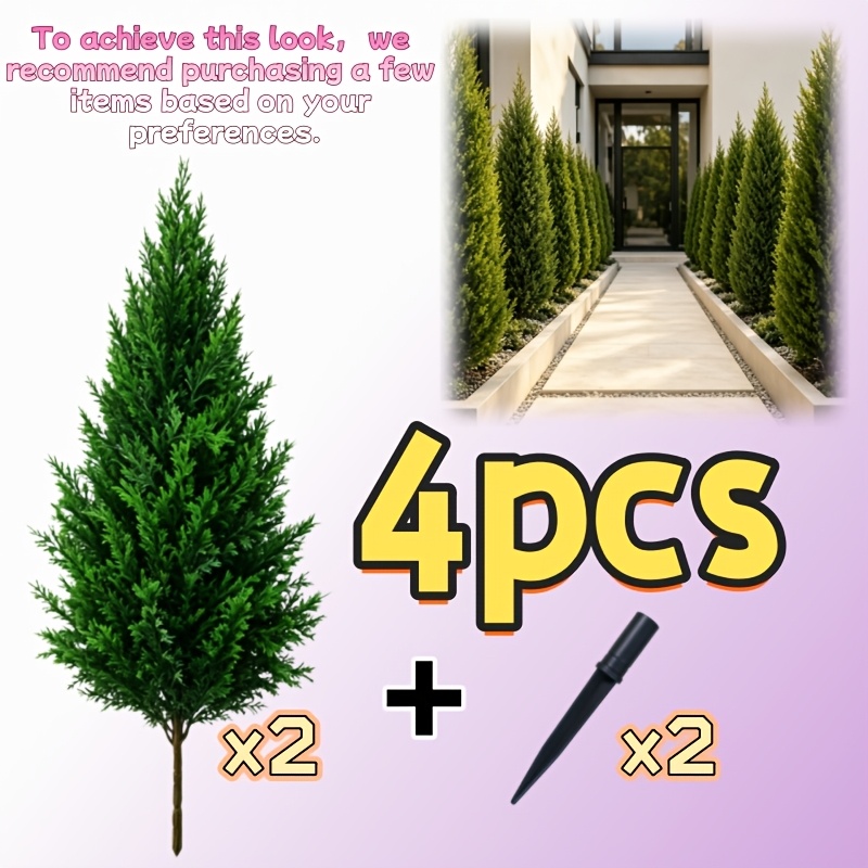 TEMU 4pcs Set = 2 Large Artificial Trees + 2 Combinations | Ready To Assemble With Ground Stakes, Simply Insert To Complete Setup. Is Suitable For