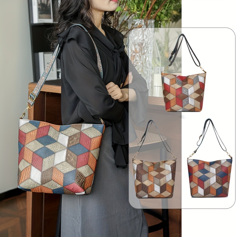 

Geometric Pattern Crossbody Bag For Women, Colorful Ethnic Style Painted Shoulder Bag, Vintage Pu Bucket Bag