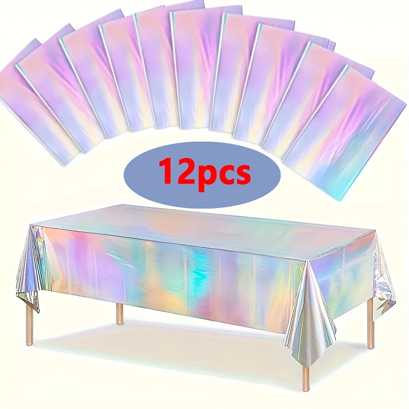 Image of Halloween, Christmas, 8/12pcs Rainbow Holographic Foil Tablecloth 54x72 Inch - Laser Shining Plastic Birthday Party Decor For Halloween & Wedding Bridal Showers Anniversary Celebrations