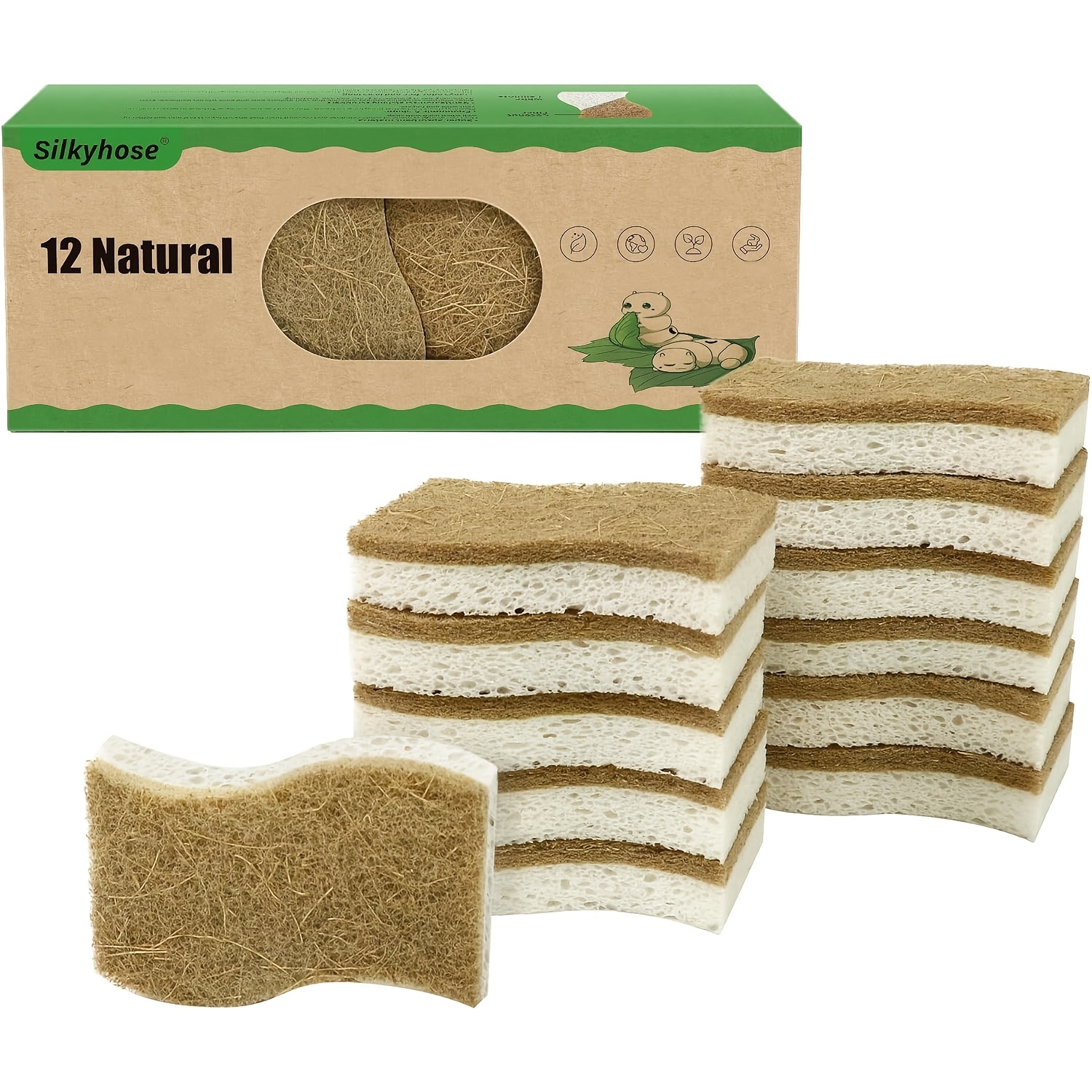 

High-quality 12pcs Kitchen Sponges - Compostable Cellulose & Coconut Fiber, Super Absorbent Dishwashing Scrubbers With Ergonomic Grip For Efficient Cleaning