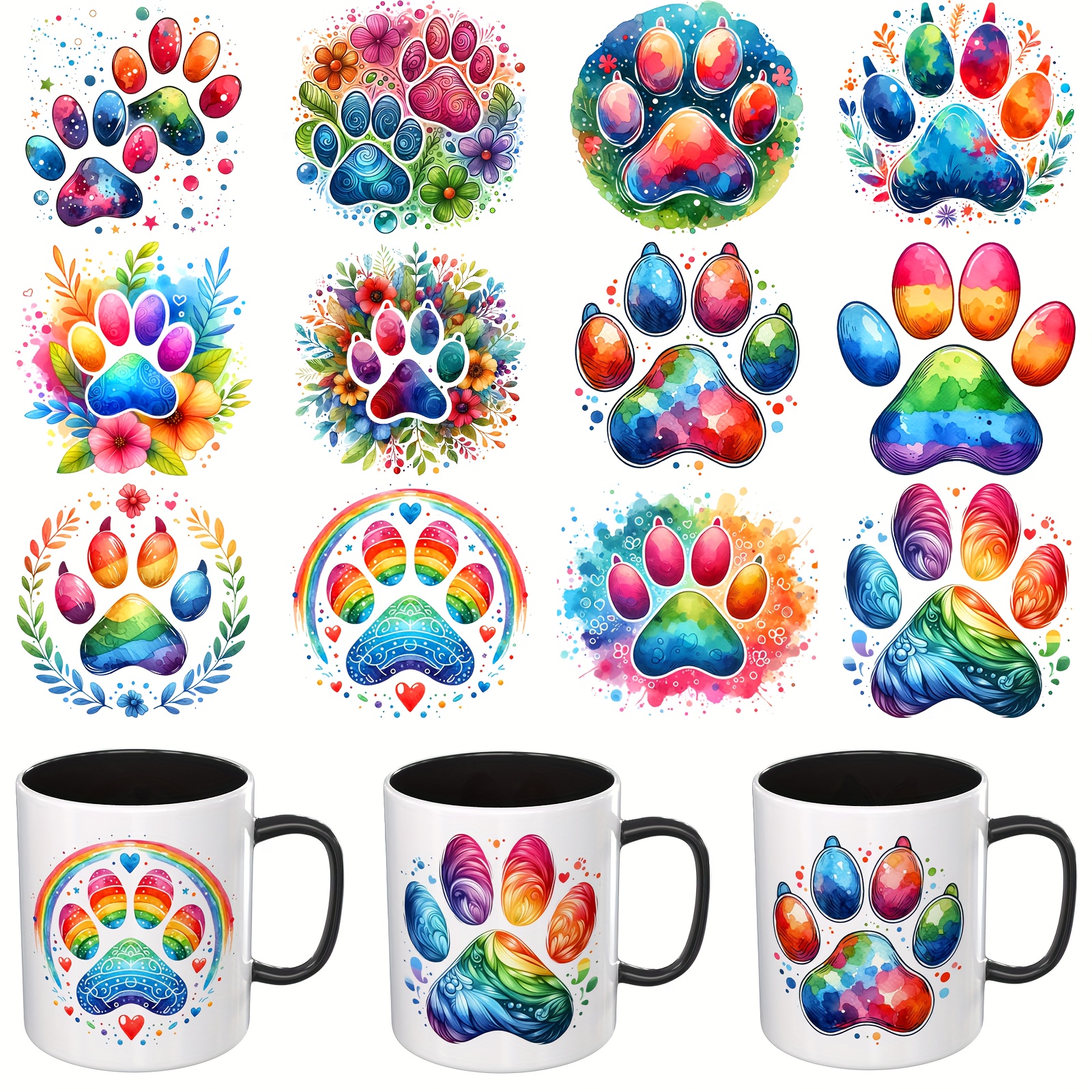Uv Dtf Cup Wrap-12pcs Colorful Dog Paw Uv Dtf Transfer Paper Suitable For Mugs, Glasses, Tables, Chairs, Computers, High Uv Dtf Transfer Wrap(mug Not Included)