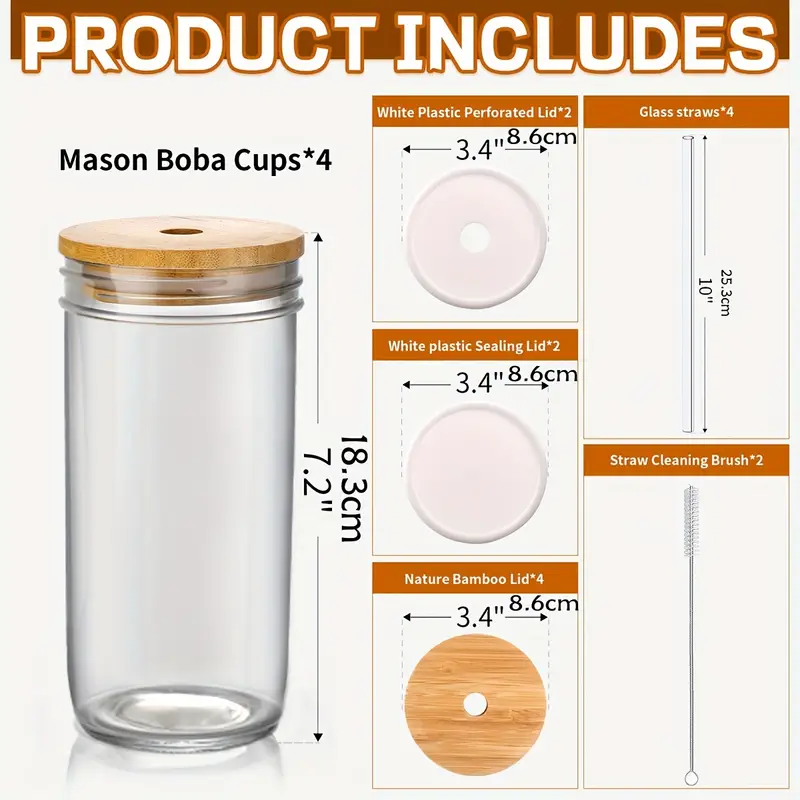 4pcs glass set 24oz mason jar drinking glasses with bamboo lid straw and 2 sealable lids cute reusable water bottle travel insulated mug bubble tea smoothie juice Product details 3