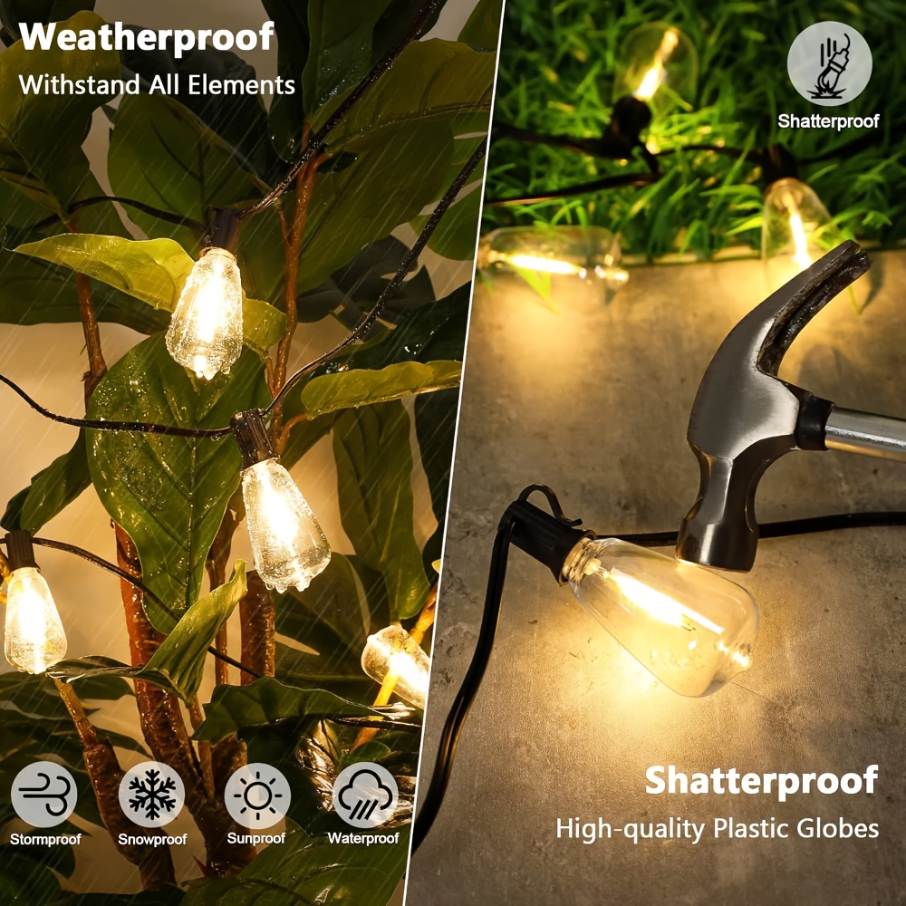 50-200 ft LED Outdoor String Lights with Shatterproof ST38 Edison Bulbs, E12 Socket, Black Wire, 2700K Dimmable Hanging Lights for Party and