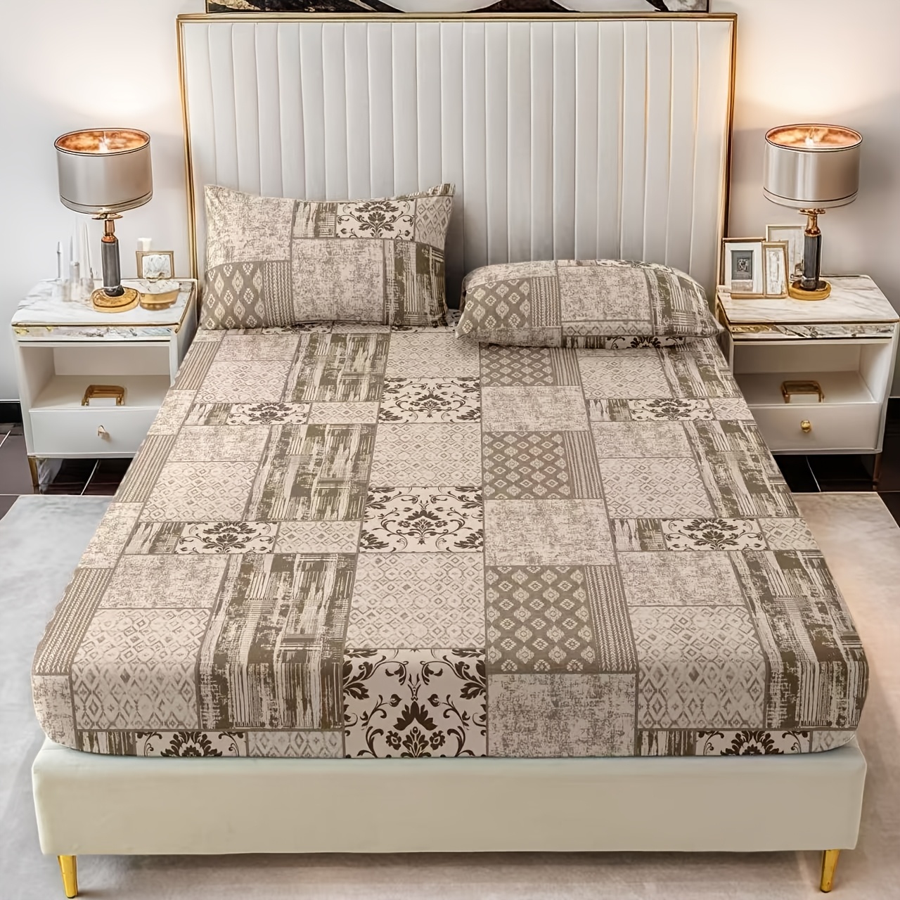 TEMU 3pcs Fitted Sheet Printed Bedding, Print, Stylish, Classic, Soft, And Comfortable. Suitable For Bedrooms And Guest Rooms. (1 Fitted Sheet   2