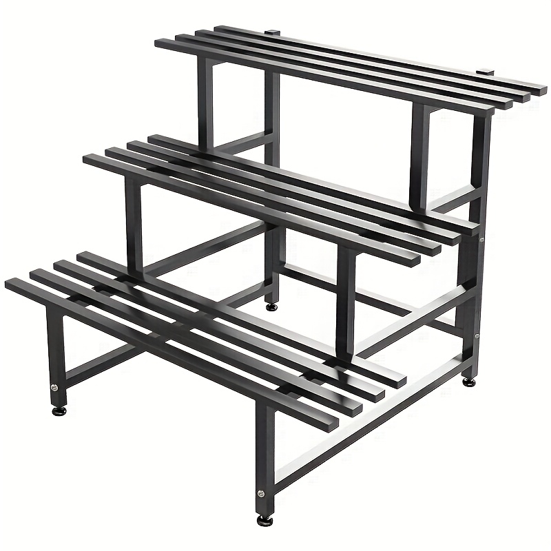 TEMU 3-tier Metal Balcony Flower Stand - Black Rectangular Floor-standing Shelf For Indoor/outdoor Use, Sturdy & For Bonsai, Succulents, Herbs -