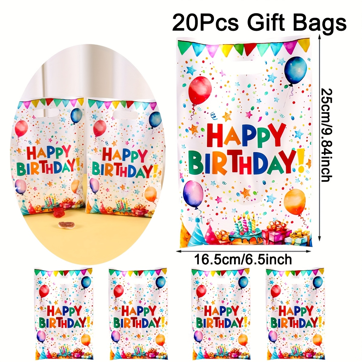 Image of Sets Of 10, 20, Or 50 Vibrant Birthday Gift Bags Featuring A Plastic Balloon . Tote Bags, With Colorful Star Polka Dots, Are Ideal For 's Parties, , And Birthday Decorations